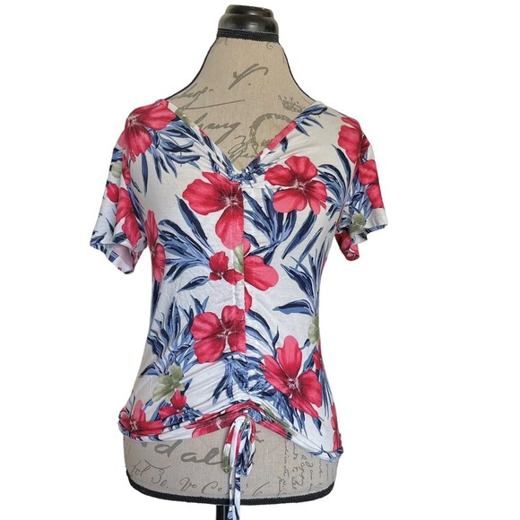 Free Kisses Womens Blouse Size Large Floral Ruched Front Drawstring Short Sleeve - Picture 1 of 12